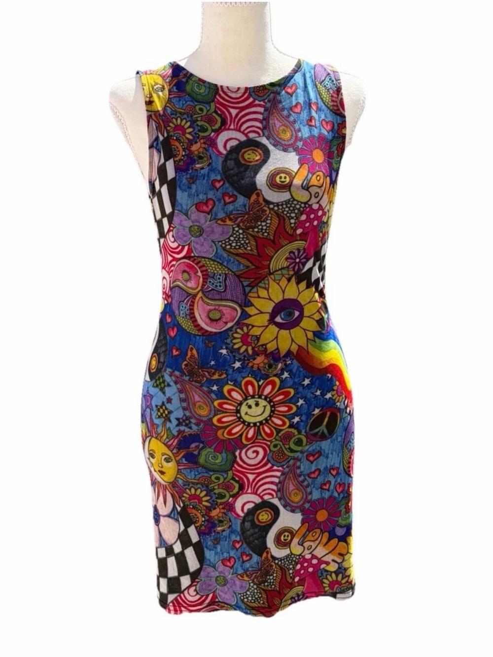 Urban Outfitters Hippie Graphic Multicolor Mesh Mini Tank Dress Size M Rare - Picture 2 of 8